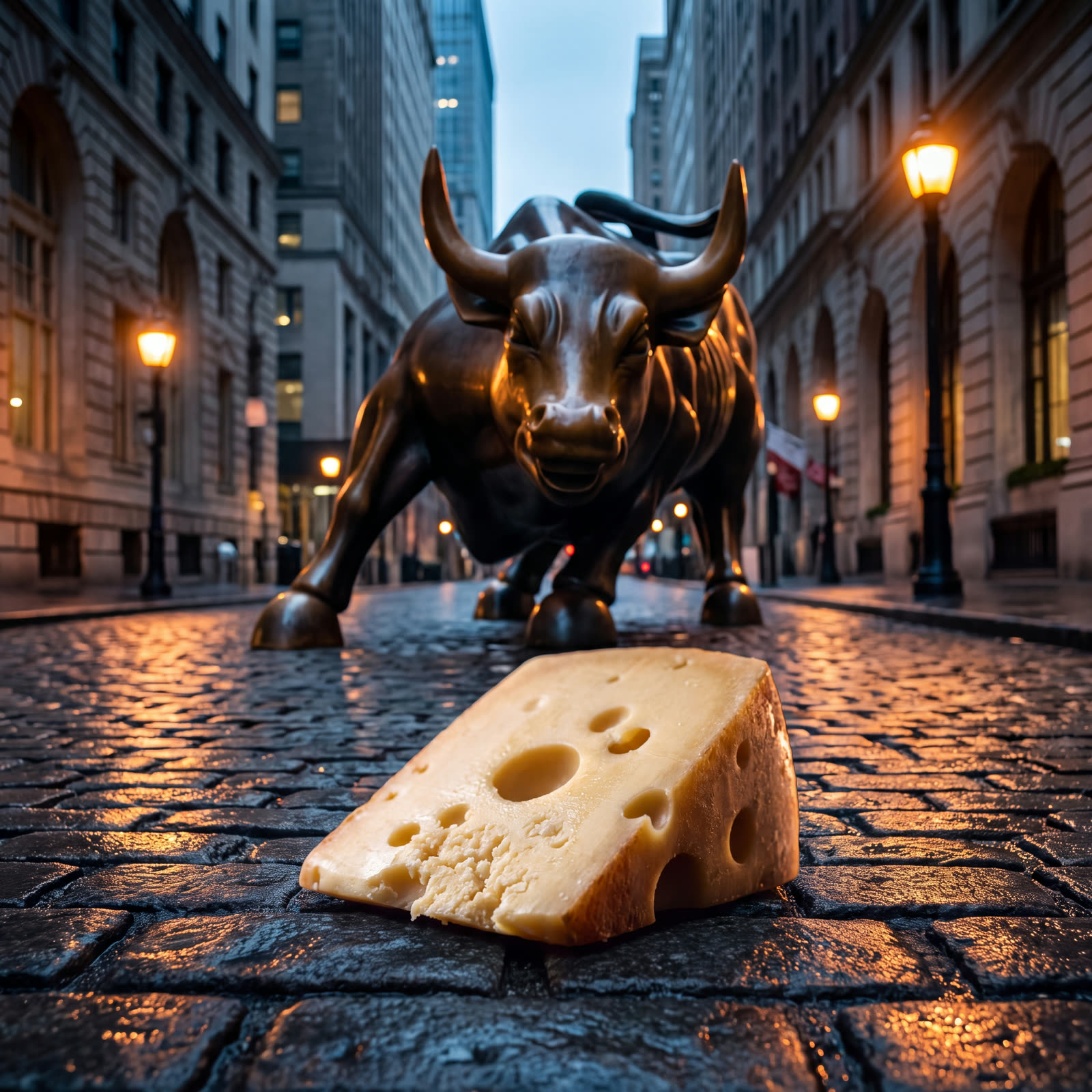 Cheese in front of the Charging Bull